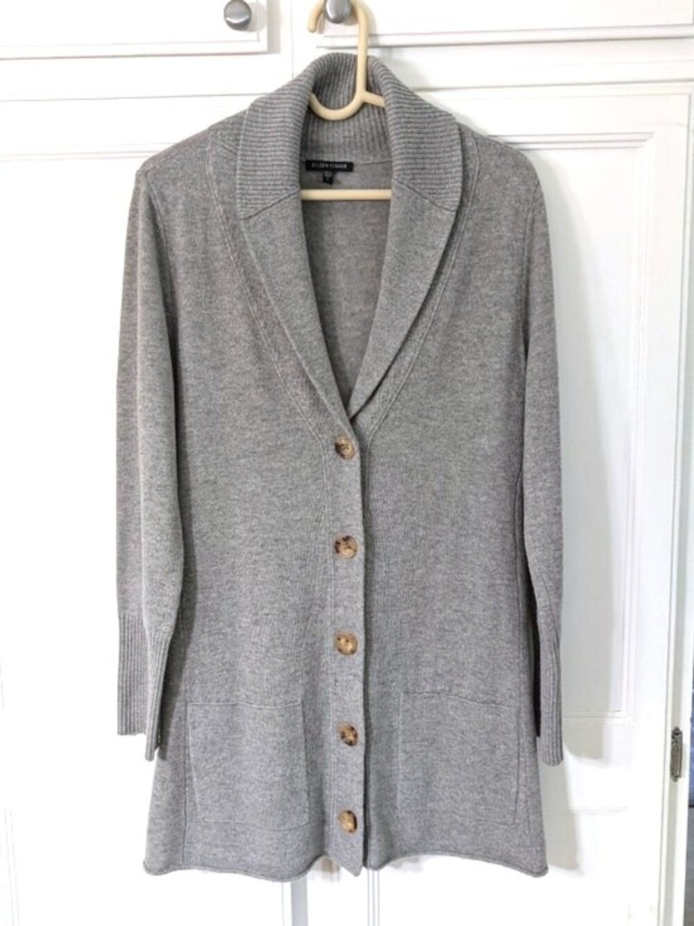 Eileen Fisher Wool Cashmere Cardigan Sweater Shawl Collar Button Front Gray L